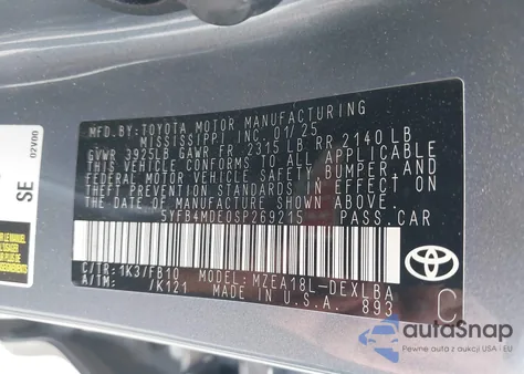 2025 Toyota Corolla Le from USA, damaged, VIN 5YFB4MDE0SP269215